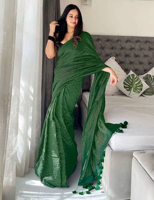 green striped cotton blend saree 1