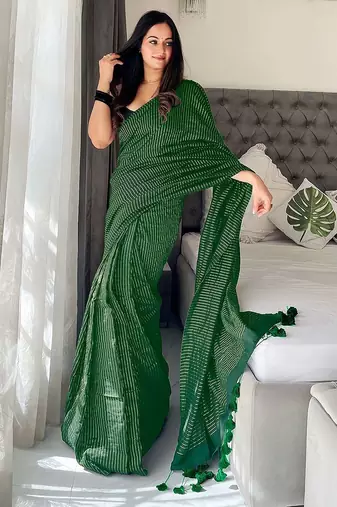green striped cotton blend saree