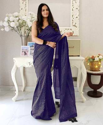 navy blue striped cotton blend saree 1