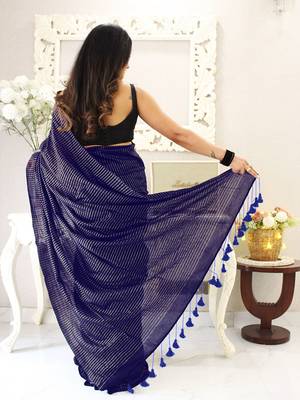 navy blue striped cotton blend saree 2