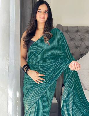 teal striped cotton blend khadi saree 3