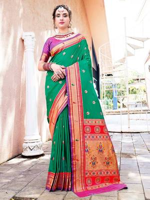 green & red ethnic motifs woven design zari paithani saree 1