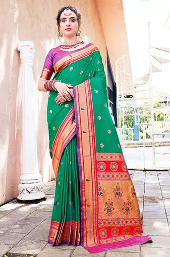 green & red ethnic motifs woven design zari paithani saree