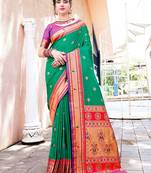 green & red ethnic motifs woven design zari paithani saree