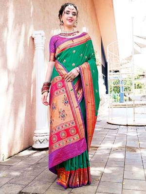 green & red ethnic motifs woven design zari paithani saree 2