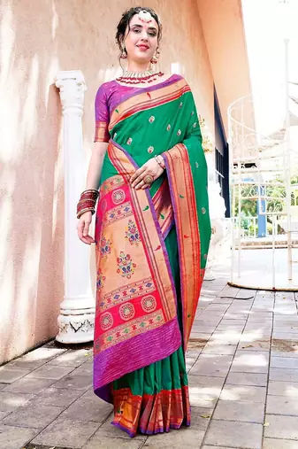 green & red ethnic motifs woven design zari paithani saree