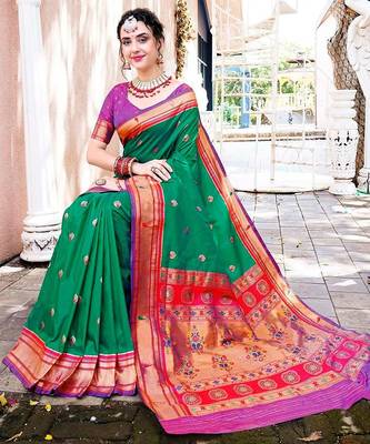 green & red ethnic motifs woven design zari paithani saree 3