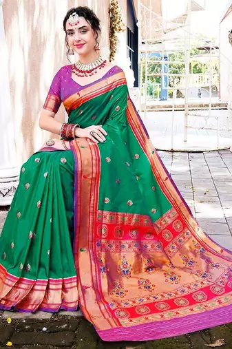 green & red ethnic motifs woven design zari paithani saree