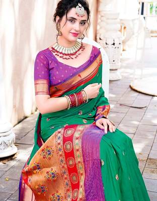 green & red ethnic motifs woven design zari paithani saree 4