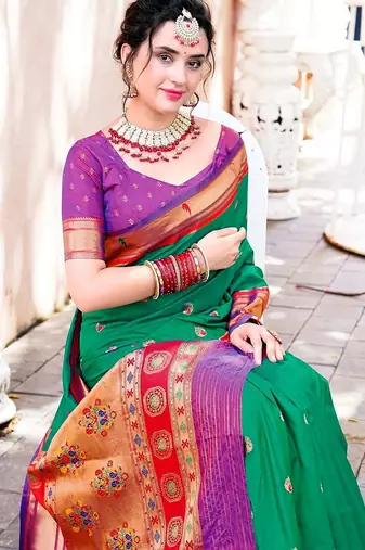 green & red ethnic motifs woven design zari paithani saree