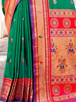 green & red ethnic motifs woven design zari paithani saree 5