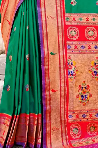 green & red ethnic motifs woven design zari paithani saree