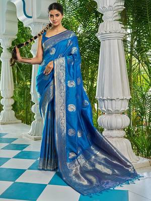 Blue ethnic motifs zari silk blend banarasi saree 1