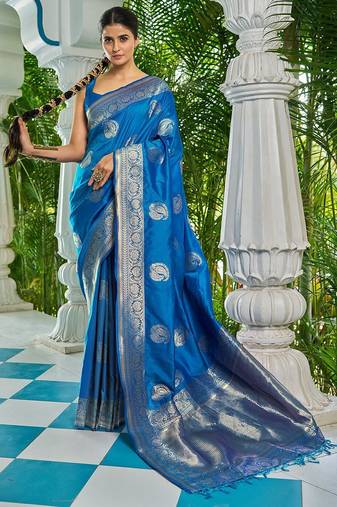Blue ethnic motifs zari silk blend banarasi saree