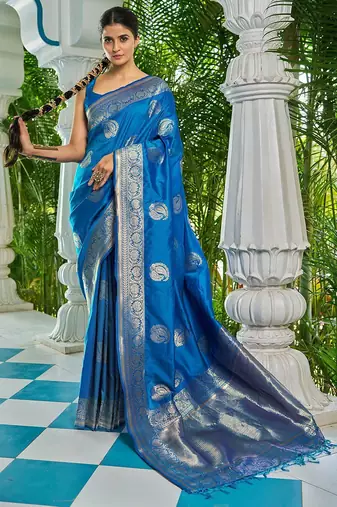 Blue ethnic motifs zari silk blend banarasi saree