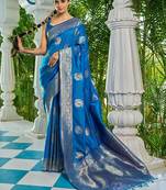 Blue ethnic motifs zari silk blend banarasi saree