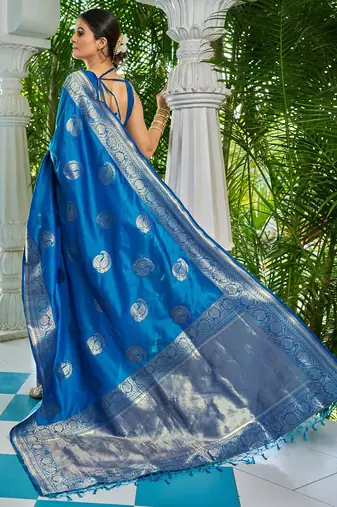 Blue ethnic motifs zari silk blend banarasi saree
