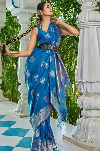 Blue ethnic motifs zari silk blend banarasi saree