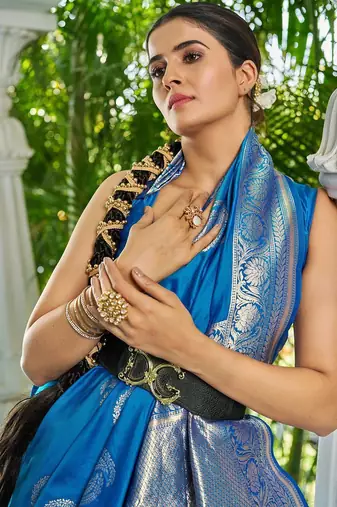 Blue ethnic motifs zari silk blend banarasi saree