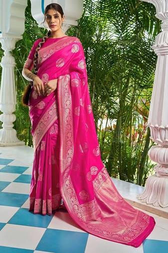 Pink ethnic motifs zari silk blend banarasi saree