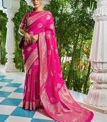 Pink ethnic motifs zari silk blend banarasi saree