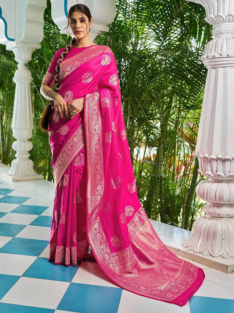 Pink ethnic motifs zari silk blend banarasi saree