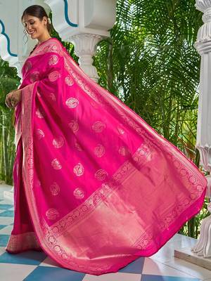 Pink ethnic motifs zari silk blend banarasi saree 2