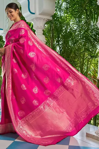 Pink ethnic motifs zari silk blend banarasi saree