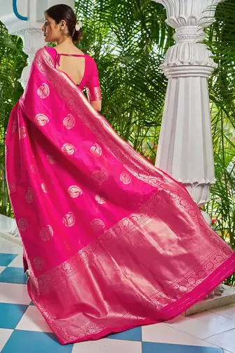Pink ethnic motifs zari silk blend banarasi saree