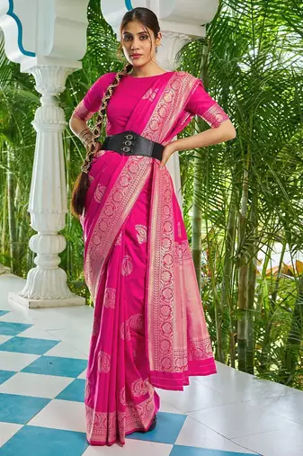 Pink ethnic motifs zari silk blend banarasi saree