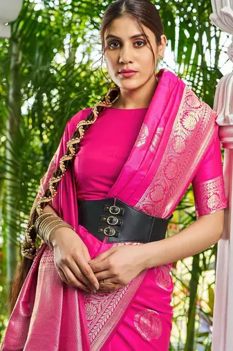 Pink ethnic motifs zari silk blend banarasi saree