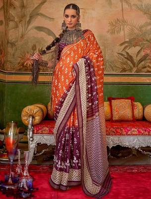 Orange floral printed pochampally saree 1