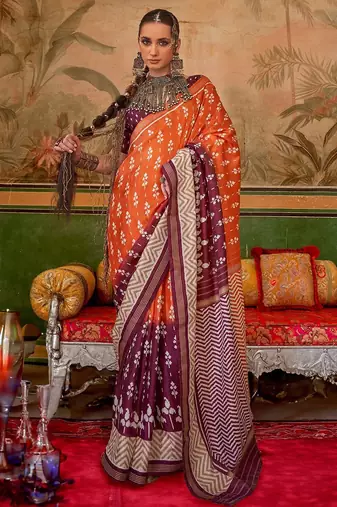Orange floral printed pochampally saree