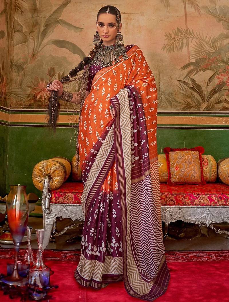 Orange floral printed pochampally saree