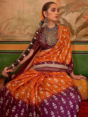 Orange floral printed pochampally saree 2