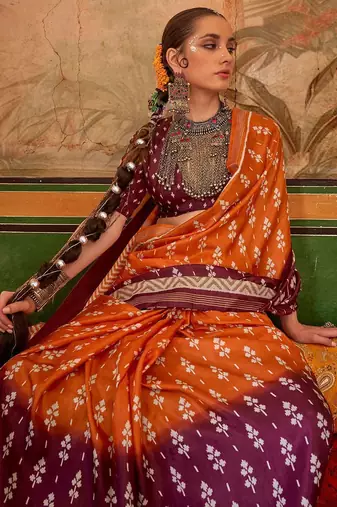 Orange floral printed pochampally saree