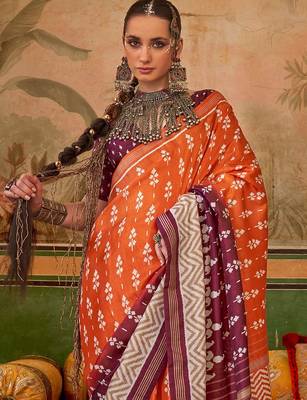 Orange floral printed pochampally saree 3