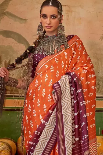 Orange floral printed pochampally saree