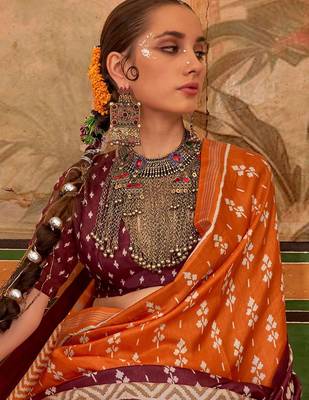 Orange floral printed pochampally saree 4