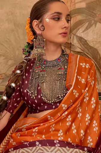 Orange floral printed pochampally saree