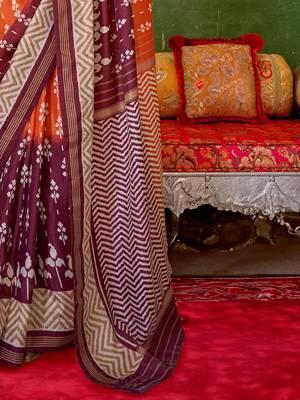 Orange floral printed pochampally saree 5