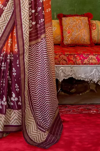 Orange floral printed pochampally saree
