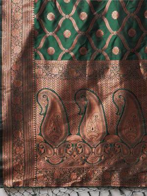 Green woven design zari silk blend banarasi saree 5