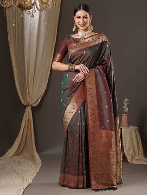 brown floral zari banarasi silk blend saree 1