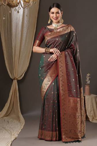 brown floral zari banarasi silk blend saree