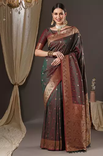 brown floral zari banarasi silk blend saree