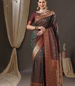 brown floral zari banarasi silk blend saree