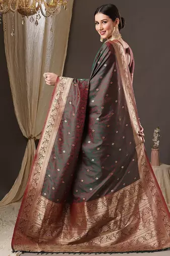 brown floral zari banarasi silk blend saree