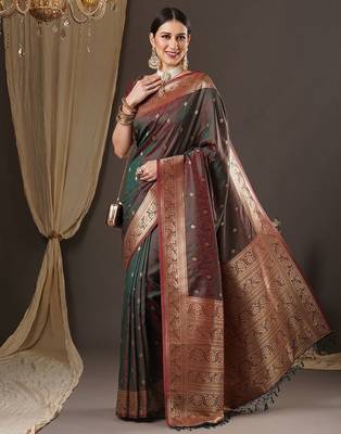 brown floral zari banarasi silk blend saree 3