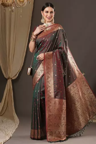 brown floral zari banarasi silk blend saree